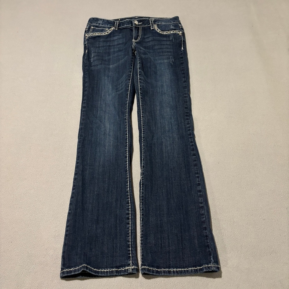 LA Idol USA Womens Flare Jeans Size 11 Dark Wash Rhinestone Embellished 2000s